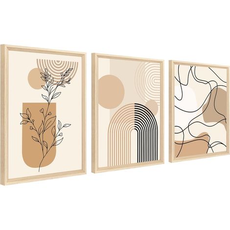 3Pcs Cadre en bois Impression sur Toile Boho Minimaliste Kaki Beige Tableau Peinture Ligne Géométrique Abstraite Feuille Tableau Decoration Murale Salon Chambre 30x40cm x3pcs (Pas de plexiglas) (1/5)