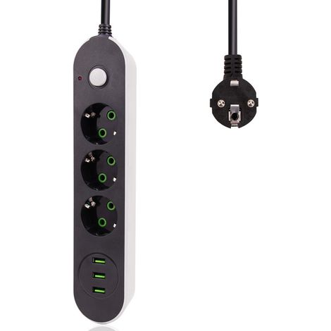 Multiprise 3 Prises Schuko + 3 USB, Câble 3m, Noir et Blanc (1/5)