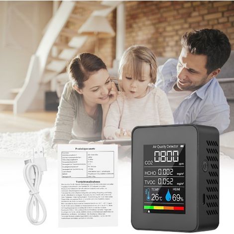 Détecteur de qualité d'air 5-en-1 noir, mesure formaldéhyde, TVOC, CO2, PM2.5, température et humidité, capteur précis pour domicile et bureau. (1/5)