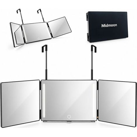 Miroir 3 Faces Pliable 360° pour Coiffure Homme – Miroir de Coiffure pour Voir l’Arrière de la Tête – Noir, Sans LED (1/5)