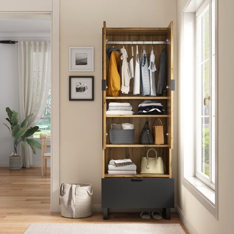 Armadio 180x38x65cm con 1 cassetto 2 ante, 1 vano portaoggetti, ripiano regolabile, truciolare, colore naturale (1/5)