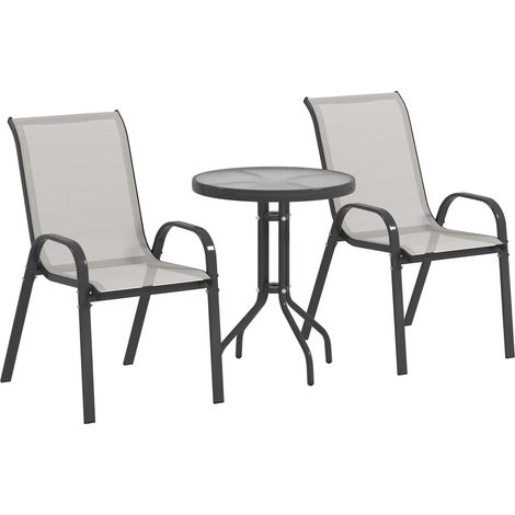 3-teiliges Gartenmöbelset mit 2 stapelbaren Sesseln und einem hellgrauen Couchtisch aus gehärtetem Glas