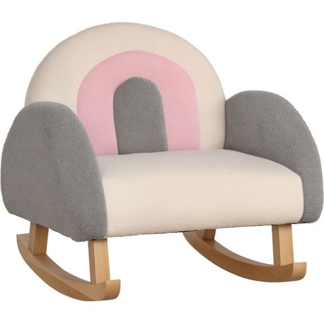 Fauteuil à bascule enfant design mignon, revêtement imitation peau de mouton, bois d'eucalyptus, gris rose crème (1/5)