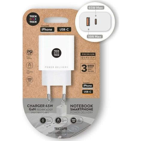 Caricabatterie ultraveloce "eKo" per dispositivi mobili e notebook USB-C 65W GaN e USB-A 18W bianco (cavo incluso) (1/3)