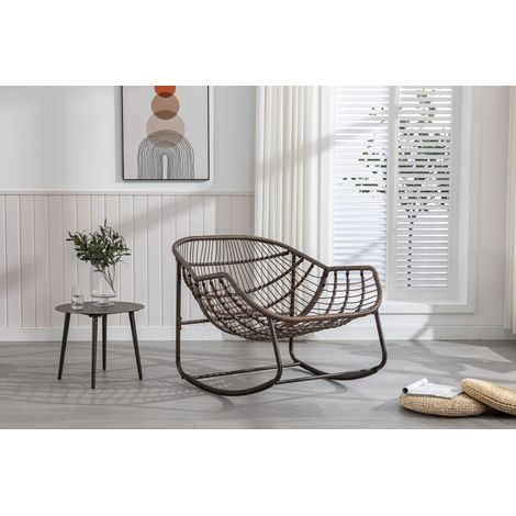Fauteuil à bascule en rotin d'extérieur, chaise berçante rembourrée avec dossier pour terrasse, jardin, salon ou entrée. (1/5)