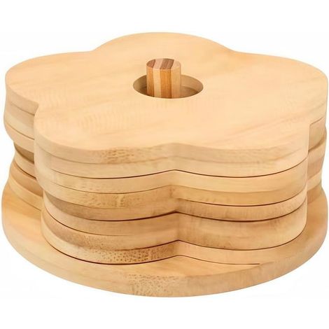 Dessous de verre en bois en forme de fleur 12 cm Charmante forme de fleur, finition jaune élégante, protège les surfaces contre les taches, support de rangement inclus (1/5)