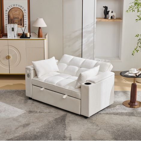 Canapé convertible 140.5x74x82 cm beige en tissu avec dossier réglable, USB, Type-C, table et porte-gobelets (1/5)