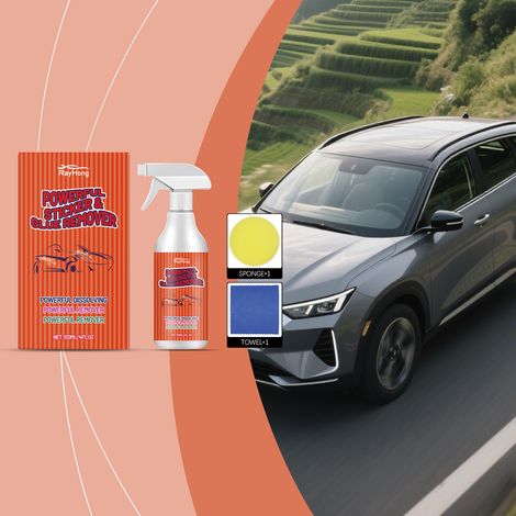 Klebstoffentferner für Fahrzeuge, schonender Reiniger für Autoscheiben und Lackaufbereitung – 120 ml + Schwamm1 + Tuch1 -- DE (1/5)