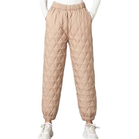 Damen-Jogginghose aus gesteppter Baumwolle mit hohem Bund, Jogger-Stil, Winter, locker geschnitten, hoher Bund, Rautenmuster – M – Khaki (1/5)