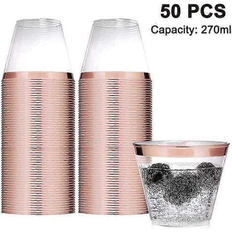 PIAO 50er-Packung Kunststoff-Cocktailgläser, 26 cl, stabile Becher mit transparentem Rand, Einwegbecher, ideal für Hochzeiten, Geburtstage und andere Feiern. Roségoldener Rand.