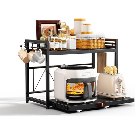 Etagere Micro Onde Cuisine Rangement Extensible, Support pour Micro-Ondes à 2 Niveaux, Microwave Oven Storage Rack avec Porte-Tasse et Panneau de Base Coulissant, Noir (1/5)