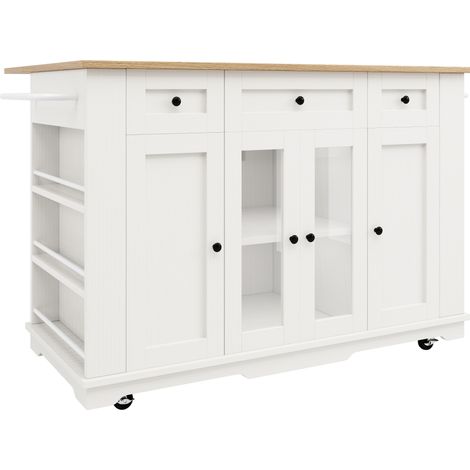 Isla de cocina blanca y natural con tablero efecto madera, cristal templado y almacenaje (1/5)