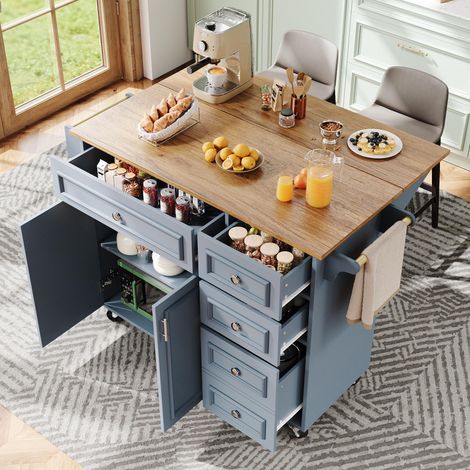 Îlot de cuisine bleu vintage 110×45-75×92 cm, moderne et amovible. Multifonction : buffet, desserte, table à manger avec rangement.