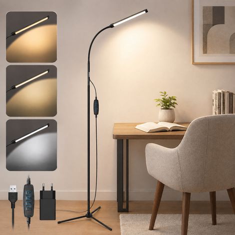 ROSNEK LED Stehlampe dimmbar 9W Leselampe mit Schwanenhals USB 3 Lichtfarben 10 Helligkeitsstufen Schwarz (1/5)
