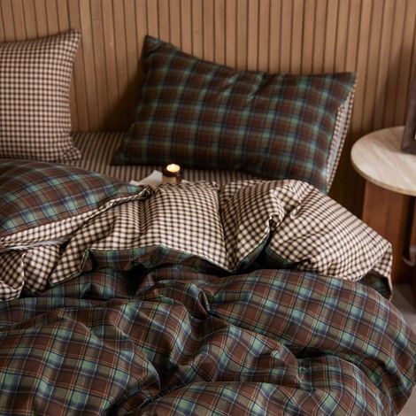 Housse de Couette 220x240cm à Carreaux Vichy Vert Marron Parure de lit Adulte 2 Personne avec Fermeture Éclair Moderne Sets de Housse en Microfibre avec 2 Taie d'oreiller 65 x 65cm