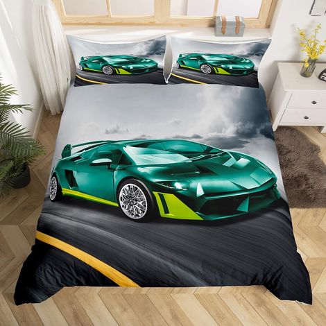 Housse de Couette 220x240 Enfant Garçon Voiture de Course, Parure de Lit Voiture de Course Sets de Housses de Couettes Sports Extrêmes, Couvre Lit Voiture de Course de Vitesse, Gris (1/5)