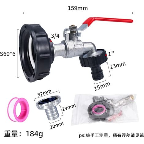 Adaptateur de robinet pour réservoir IBC S60X6 avec robinet en alliage et raccord de tuyau amovible pour récupérateur d'eau de pluie et jardinage, plastique 3/4 pouce (1/5)