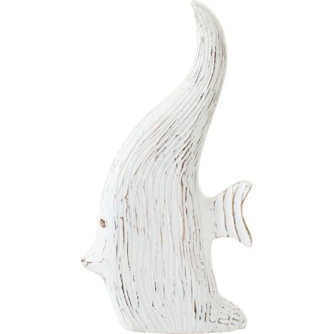 Statuette Déco en Bois "Poisson Antique" 38cm Blanc