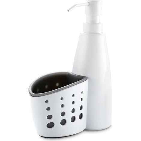 [Küchenseifenspender mit Schwammhalter] Flüssigseifenspender für Bad mit praktischem Aufsatz und Schwammhalter – 400 ml, PE/ABS, Weiß/Grau (1/5)