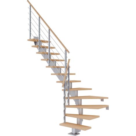 Dolle Mittelholmtreppe Hamburg 1/4 gewendelt Eiche weiß, geölt 85 cm breit für GH 222 – 258 cm UK Metall Perlgrau mit Geländer