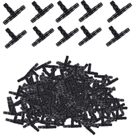 Packung mit 100 doppelten Tropfbewässerungs-Winkelstücken – Universal-T-Stücke – 1/4 Zoll – Tropfbewässerungs-Anschlüsse – 4/7-Anschlüsse (1/4)