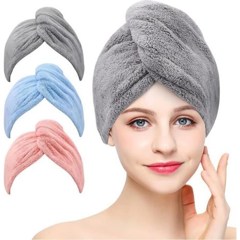 Lot de 3 serviettes de séchage en microfibre super absorbantes avec boutons pour cheveux secs (gris, rose, bleu) (1/4)