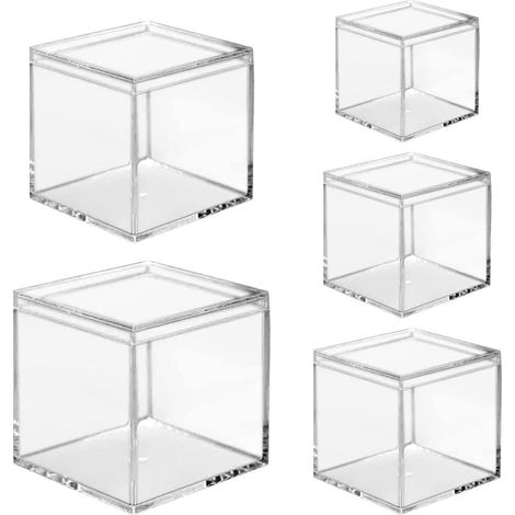 Lot de 5 Boîtes Carrées Acrylique Transparentes Couvercles, Contenants Hermétiques Multifonctions pour Bonbons, Bijoux et Petits Objets, Tailles Variées de 5,5 à 10 Cm, Rangement (1/5)