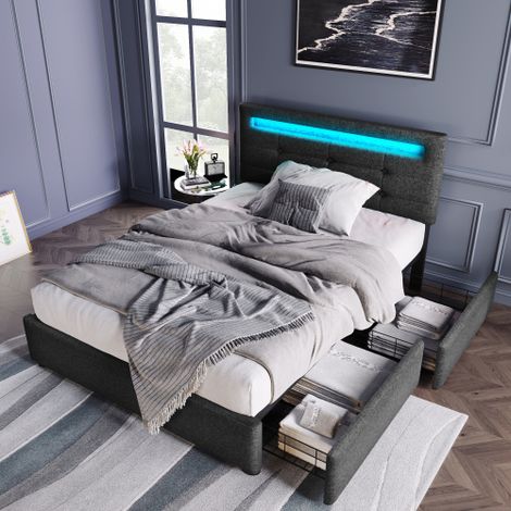 Struttura letto con illuminazione a LED e 2 cassetti, letto singolo imbottito 90x200 cm, testiera regolabile in altezza, rete a doghe in legno, grigio (materasso non incluso)