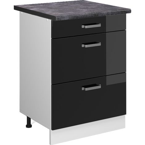 Mobiletto base per cucina R-Line, Nero lucido, 60 cm con cassetti, PL Antracite, Vicco (1/5)