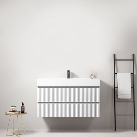 Mobile bagno sospeso cannettato 100 cm Bianco Lavabo in Resina Senza Specchio - Fiji Paint (1/3)