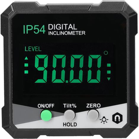 Tragbarer digitaler Neigungsmesser (IP54), 4 x 90°, LCD-Hintergrundbeleuchtung, digitaler Winkelmesser, einseitiger Magnet, absolute und relative Messmodi, Datenhaltefunktion