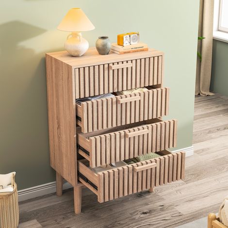 Comodino a 4 cassetti, mobile di stoccaggio, piedi in legno massello, grande spazio di archiviazione, 60x34x91 cm, stile scandinavo - Legno naturale