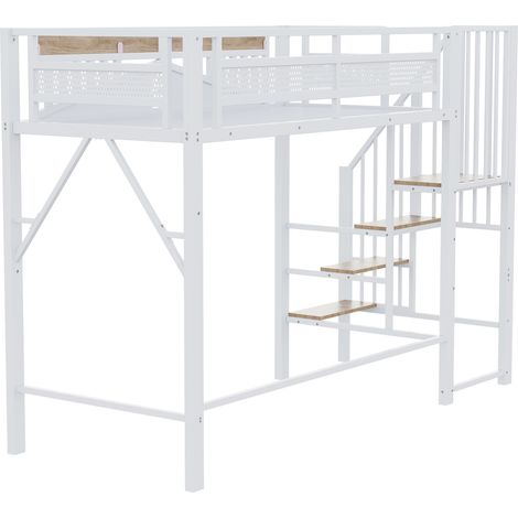 Cama alta de metal 90 x 200 cm blanca con escalera segura y ventana (1/5)