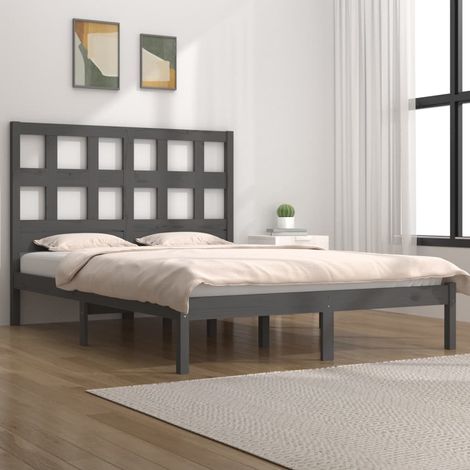 Bed Frame Grey Solid pinewood 200x200 cm Decorative Inlays vidaXL (1/5)