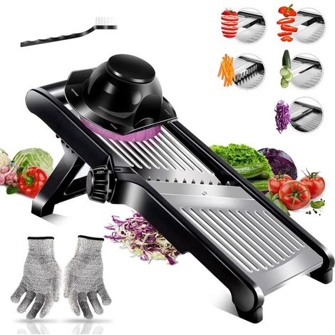 Cortador de mandolina ajustable de acero inoxidable con cepillo de limpieza y guantes resistentes a los cortes - Herramienta de cocina profesional (1/4)