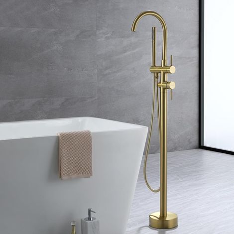 Suguword – Robinet de baignoire autoportant or – Bec à cascade allongé – Douche à main avec tuyau 1500mm – Design moderne et élégant