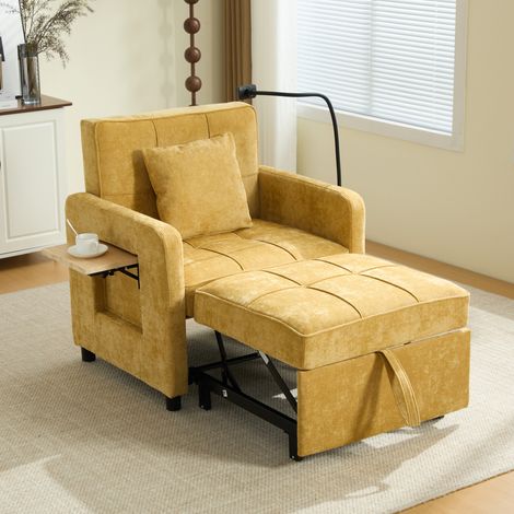 2-in-1 Schlafsessel aus Chenille in Senfgelb 167 x 79 x 83 cm mit 5-fach verstellbarer Rückenlehne und Kissen (1/5)