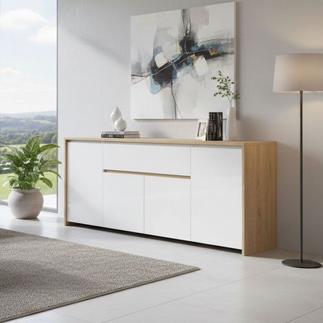 Dmora - Credenza Charlize, Buffet da soggiorno, Madia da salotto, Dispensa da cucina, 197x48 h84 cm, Rovere e Bianco lucido (1/5)
