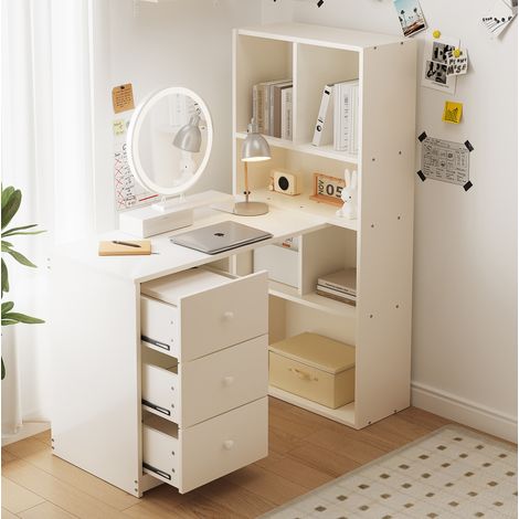 Escritorio esquinero con estantería 117 x 63 x 135 cm, 4 huecos abiertos, 3 cajones, blanco (1/5)