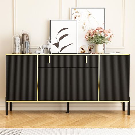 Buffet de salon 160 cm avec 1 grand tiroir,meuble de Rangement avec étagère réglable,commode à 4 portes, noir sideboard pour salon, salle à manger, chambre à coucher, noir et doré (1/5)