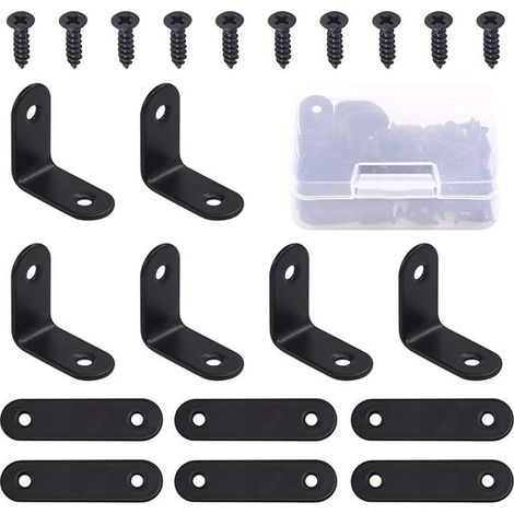 Stainless Steel Corner Brackets Black L Shape Corner Brackets and Straight Flat Shelf Brackets Junction Plate with Screws 25x25x2mm 50x2mm (1/5)