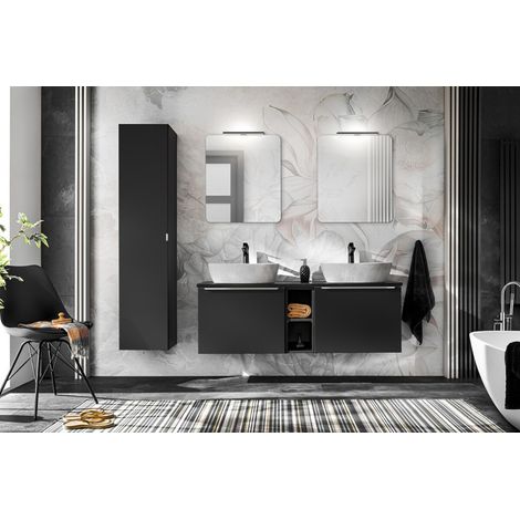 Ensemble complet Salle de Bain - Sous-vasque 180cm + 2 Vasques + Miroirs LED + Colonne - Noir et chrome argent - Rosario Black - Livraison gratuite