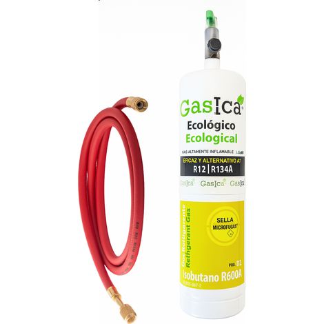 Gasica D2 PRO 400g  Sustituto R134a R12  Con Válvula y Manguera  Sella Fugas y Trazador Verde  Gas Ecológico HC