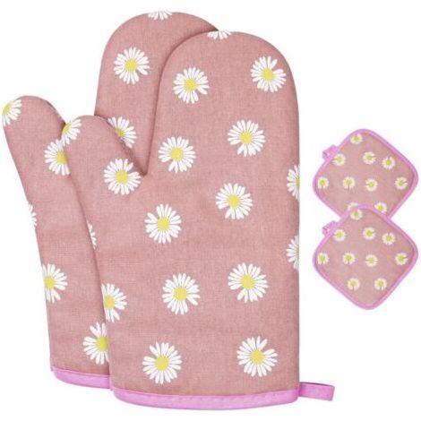 Gants de Four, 1 Paire Gants de Cuisine Coton avec 2 Maniques Cuisine, Lavable Gant Cuisine Four, Gants de Cuisine Antidérapants, Gant Cuisine Anti Chaleur pour Barbecue, Cuisson (fleurs bleues) NPTER