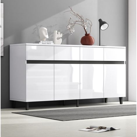 Aparador 160/40/68 cm blanco brillante con 4 cajones y estantes regulables (1/5)