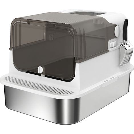 Lettiera per Gatti Chiusa 52L con Coperchio Ribaltabile Doppia Porta Paletta in Acciaio Inox Bianco (1/5)