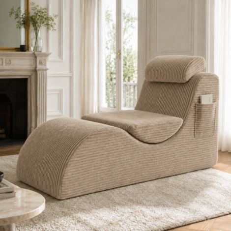 Fauteuil relax ergonomique individuel 160cm Velours côtelé mousse haute densité Coussin amovible avec poche latérale couleur kaki (1/5)