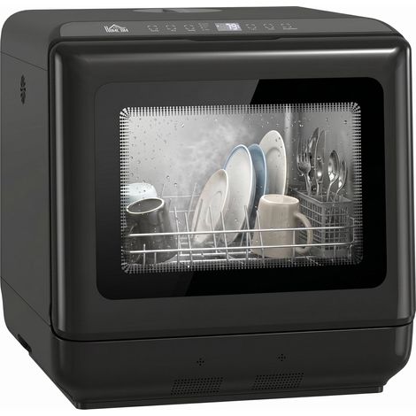 Lave-vaisselle de table avec réservoir d'eau intégré de 6 litres, 5 programmes, 4 couverts, affichage LED, noir (1/5)