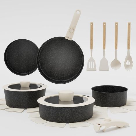 Batterie de cuisine 17 pièces noir, poignée amovible antiadhésive, tous feux induction gaz avec cuiseur vapeur