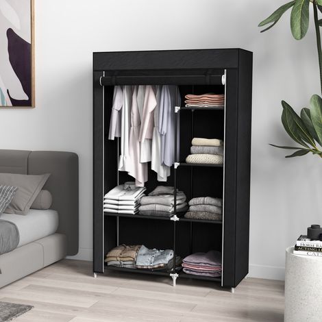 Guardaroba in tessuto 103x43x162,5 cm con 1 asta e 6 ripiani, struttura in acciaio, nero (1/5)